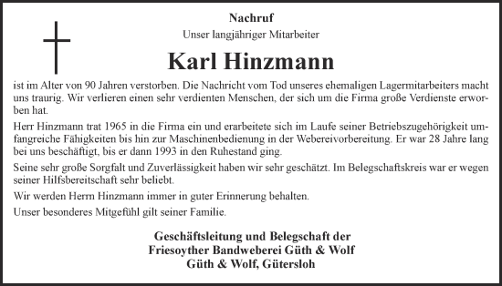 Anzeige von Karl Hinzmann von OM-Medien
