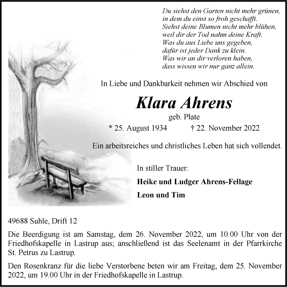  Traueranzeige für Klara Ahrens vom 24.11.2022 aus OM-Medien