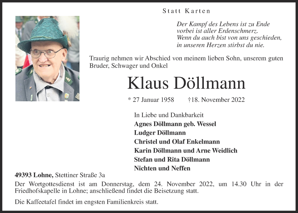  Traueranzeige für Klaus Döllmann vom 21.11.2022 aus OM-Medien