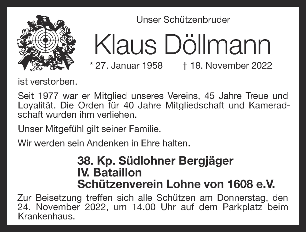  Traueranzeige für Klaus Döllmann vom 21.11.2022 aus OM-Medien