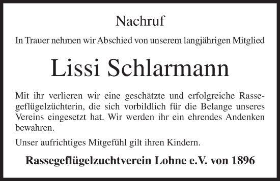 Anzeige von Lissi Schlarmann von OM-Medien