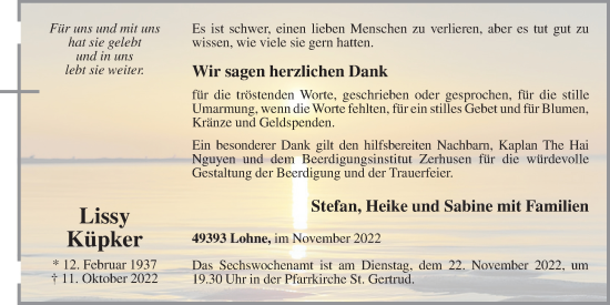 Anzeige von Lissy Küpker von OM-Medien