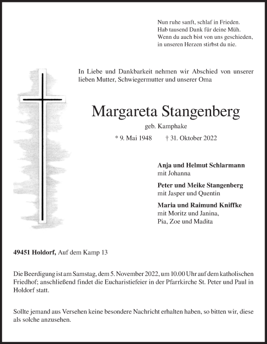 Anzeige von Margareta Stangenberg von OM-Medien