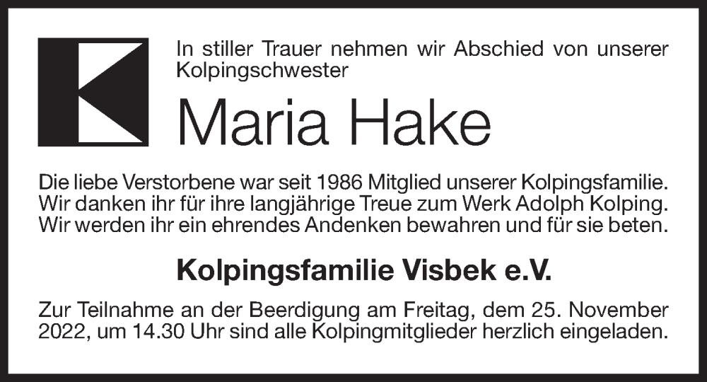  Traueranzeige für Maria Hake vom 24.11.2022 aus OM-Medien