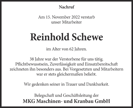 Anzeige von Reinhold Schewe von OM-Medien