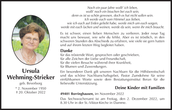 Anzeige von Ursula Wehming-Strieker von OM-Medien