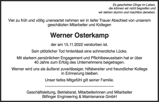 Anzeige von Werner Osterkamp von OM-Medien