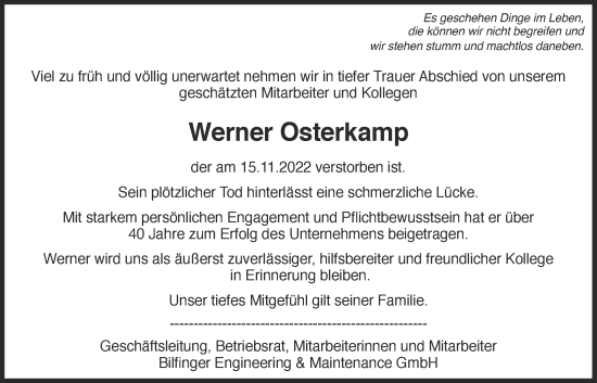 Anzeige von Werner Osterkamp von OM-Medien
