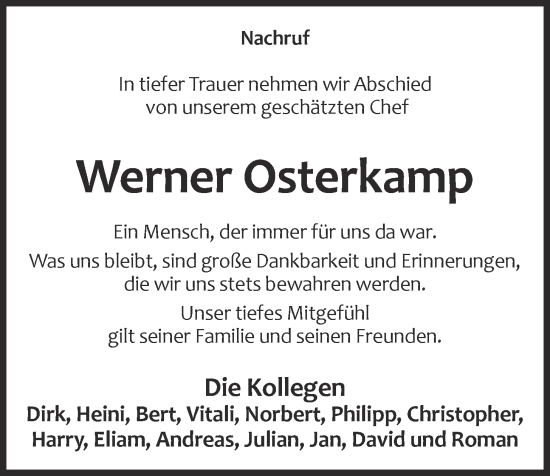 Anzeige von Werner Osterkamp von OM-Medien