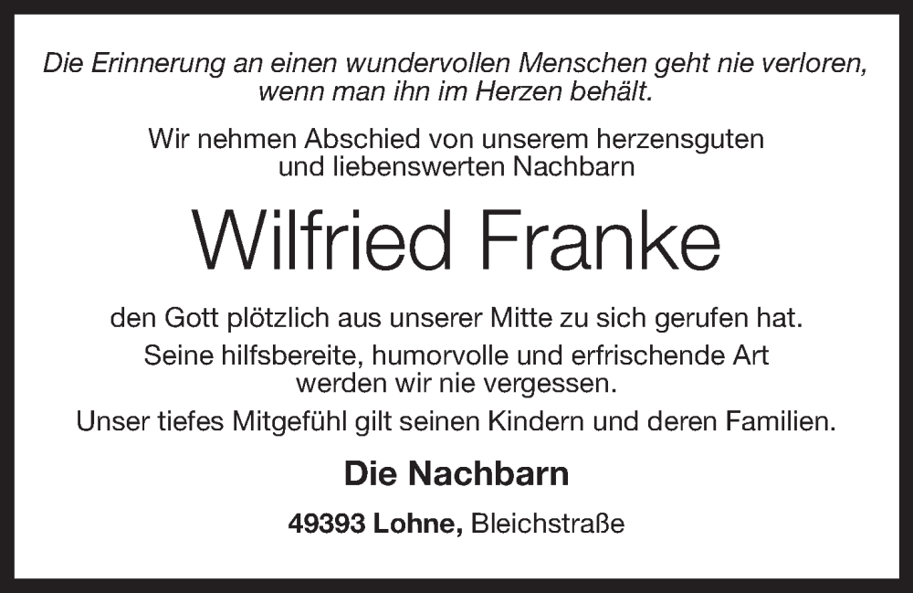  Traueranzeige für Wilfried Franke vom 24.11.2022 aus OM-Medien