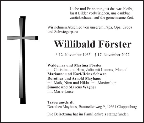 Anzeige von Willibald Förster von OM-Medien