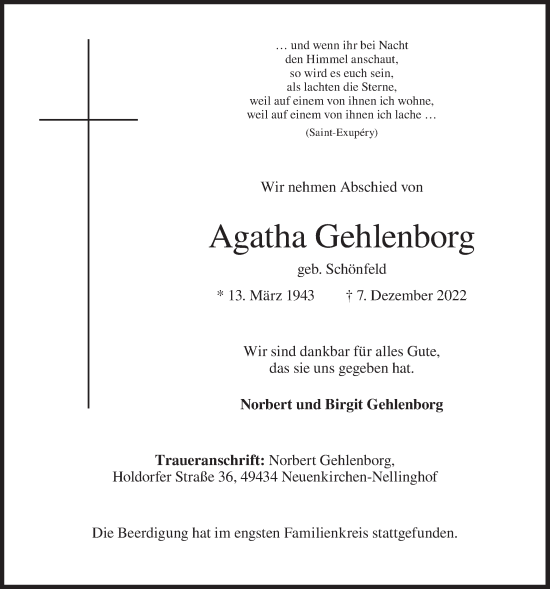 Anzeige von Agatha Gehlenborg von OM-Medien