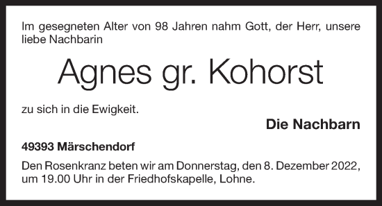 Anzeige von Agnes gr. Kohorst von OM-Medien