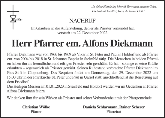 Anzeige von Alfons Diekmann von OM-Medien