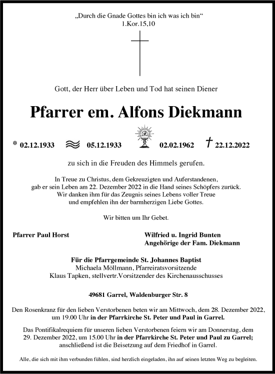 Anzeige von Alfons Diekmann von OM-Medien