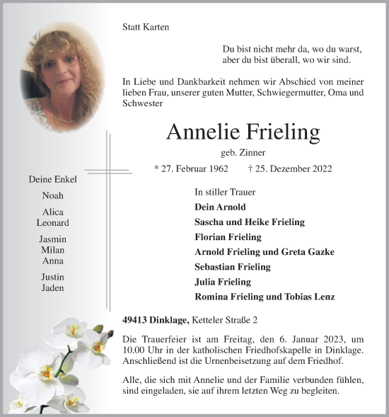 Anzeige von Annelie Frieling von OM-Medien
