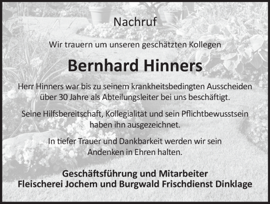 Anzeige von Bernhard Hinners von OM-Medien