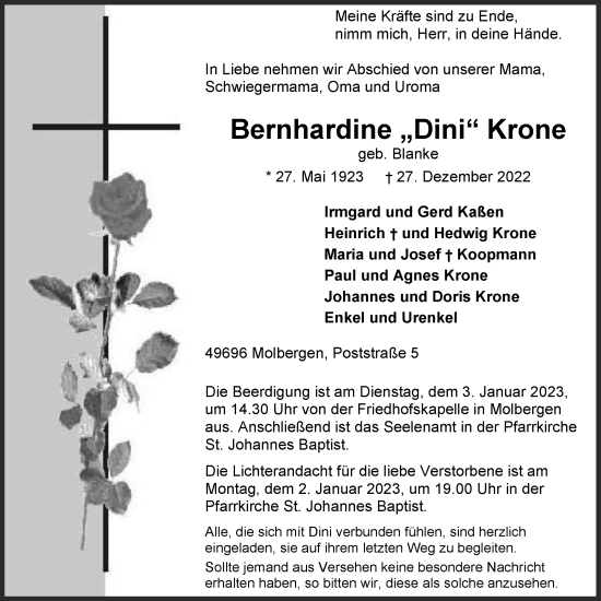 Anzeige von Bernhardine Krone von OM-Medien