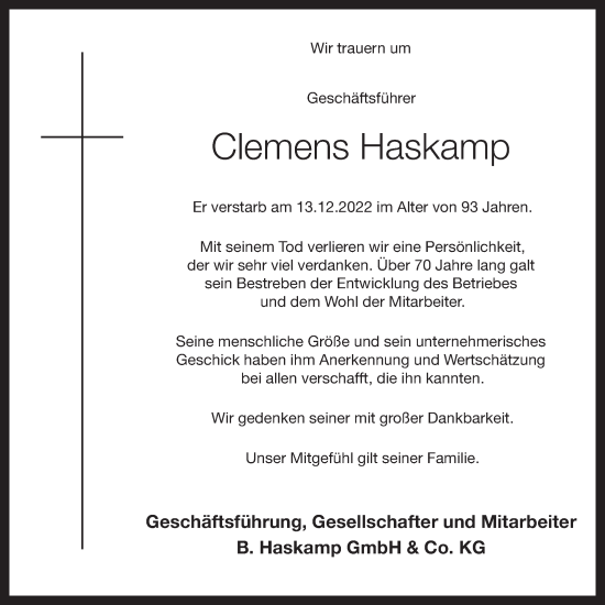 Anzeige von Clemens Haskamp von OM-Medien
