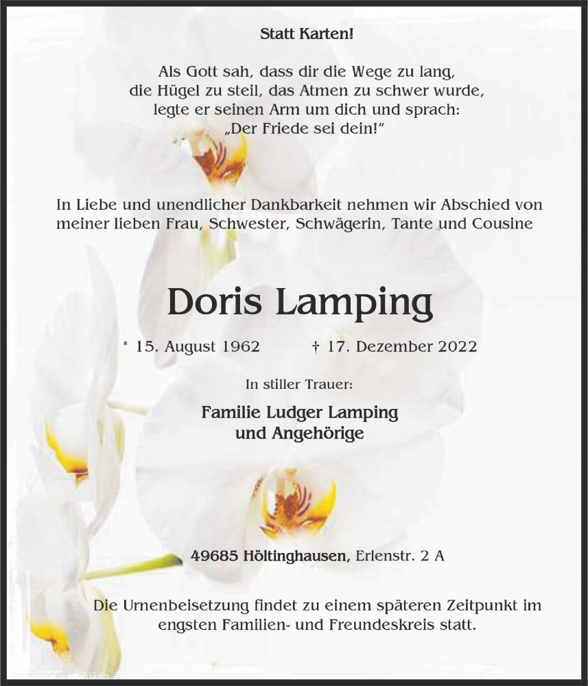  Traueranzeige für Doris Lamping vom 21.12.2022 aus OM-Medien