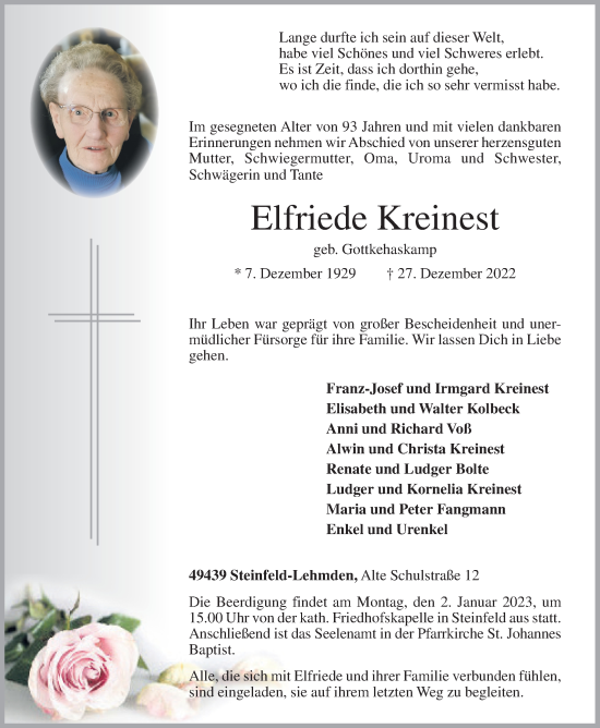 Anzeige von Elfriede Kreinest von OM-Medien