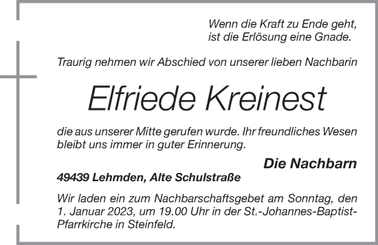 Anzeige von Elfriede Kreinest von OM-Medien