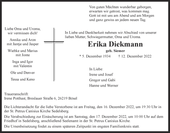 Anzeige von Erika Diekmann von OM-Medien