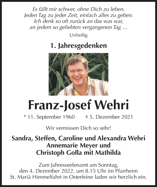 Anzeige von Franz-Josef Wehri von OM-Medien