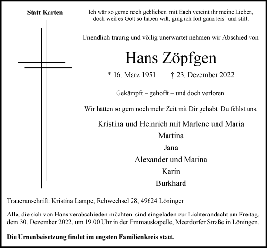 Anzeige von Hans Zöpfgen von OM-Medien