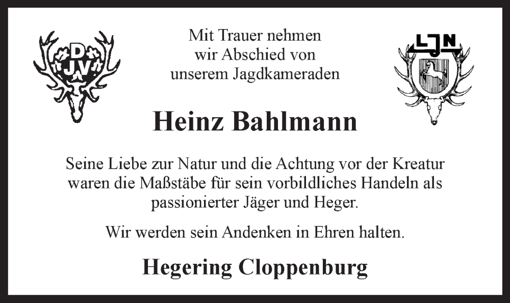  Traueranzeige für Heinz Bahlmann vom 21.12.2022 aus OM-Medien
