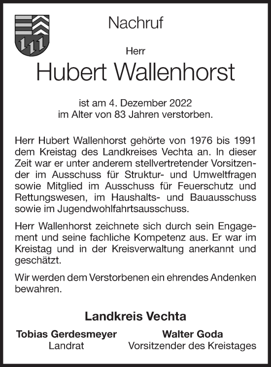 Anzeige von Hubert Wallenhorst von OM-Medien