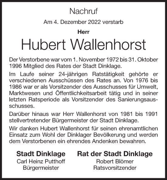 Anzeige von Hubert Wallenhorst von OM-Medien