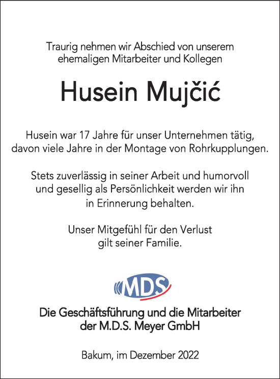 Anzeige von Husein Mujcic von OM-Medien