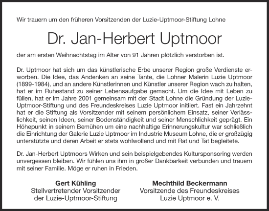 Anzeige von Jan-Herbert Uptmoor von OM-Medien