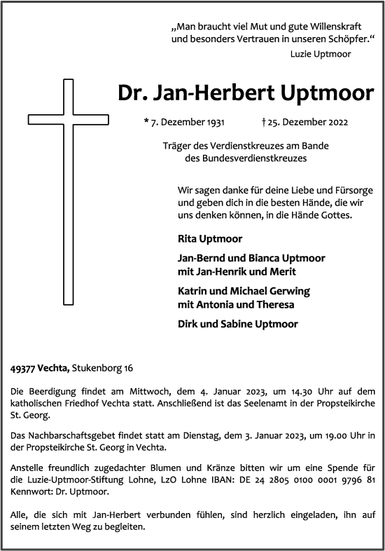 Anzeige von Jan-Herbert Uptmoor von OM-Medien