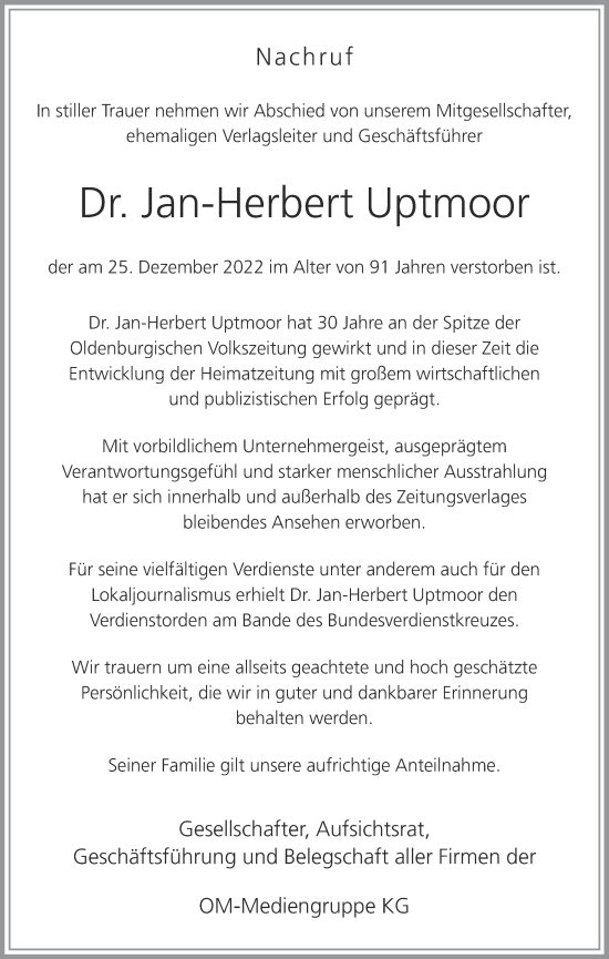Anzeige von Jan-Herbert Uptmoor von OM-Medien