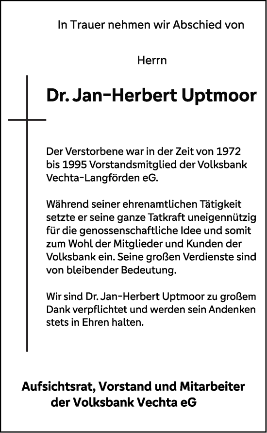 Anzeige von Jan-Herbert Uptmoor von OM-Medien