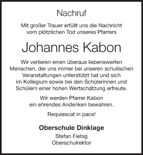 Anzeige von Johannes Kabon von OM-Medien
