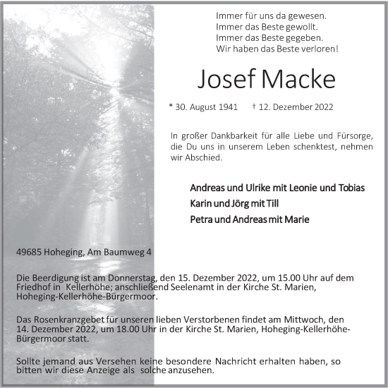 Anzeige von Josef Macke von OM-Medien