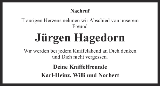 Anzeige von Jürgen Hagedorn von OM-Medien