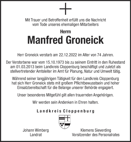 Anzeige von Manfred Groneick von OM-Medien