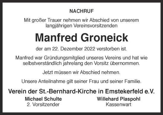Anzeige von Manfred Groneick von OM-Medien