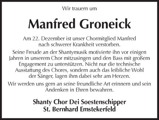 Anzeige von Manfred Groneick von OM-Medien