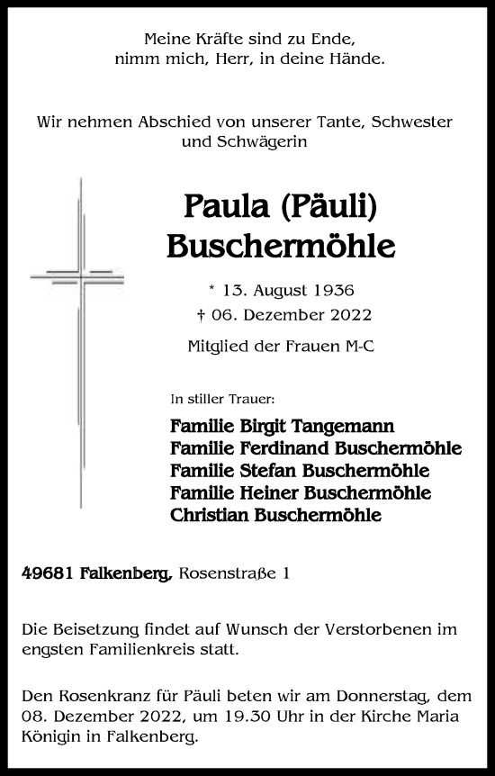 Anzeige von Paula Buschermöhle von OM-Medien