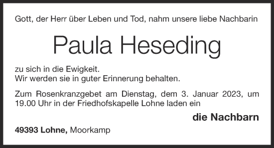 Anzeige von Paula Heseding von OM-Medien