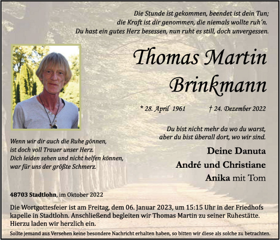Anzeige von Thomas Martin Brinkmann von OM-Medien