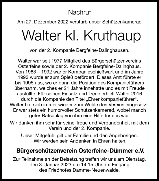 Anzeige von Walter  kl. Kruthaup von OM-Medien