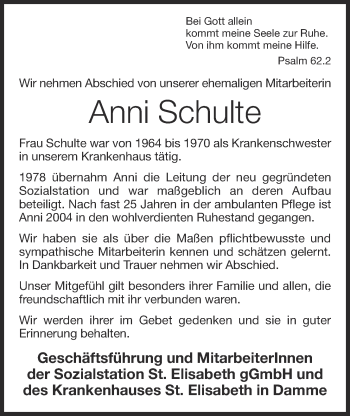 Anzeige von Anni Schulte von OM-Medien