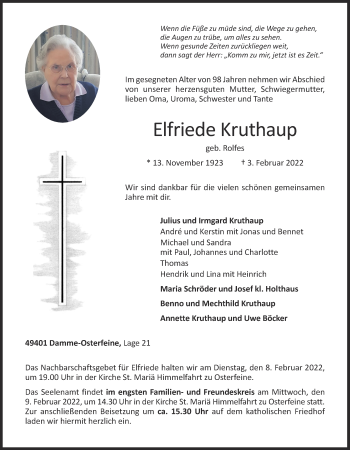 Anzeige von Elfriede Kruthaup von OM-Medien
