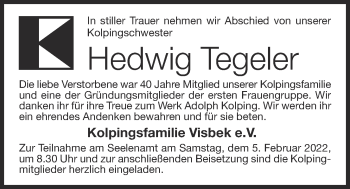Anzeige von Hedwig Tegeler von OM-Medien